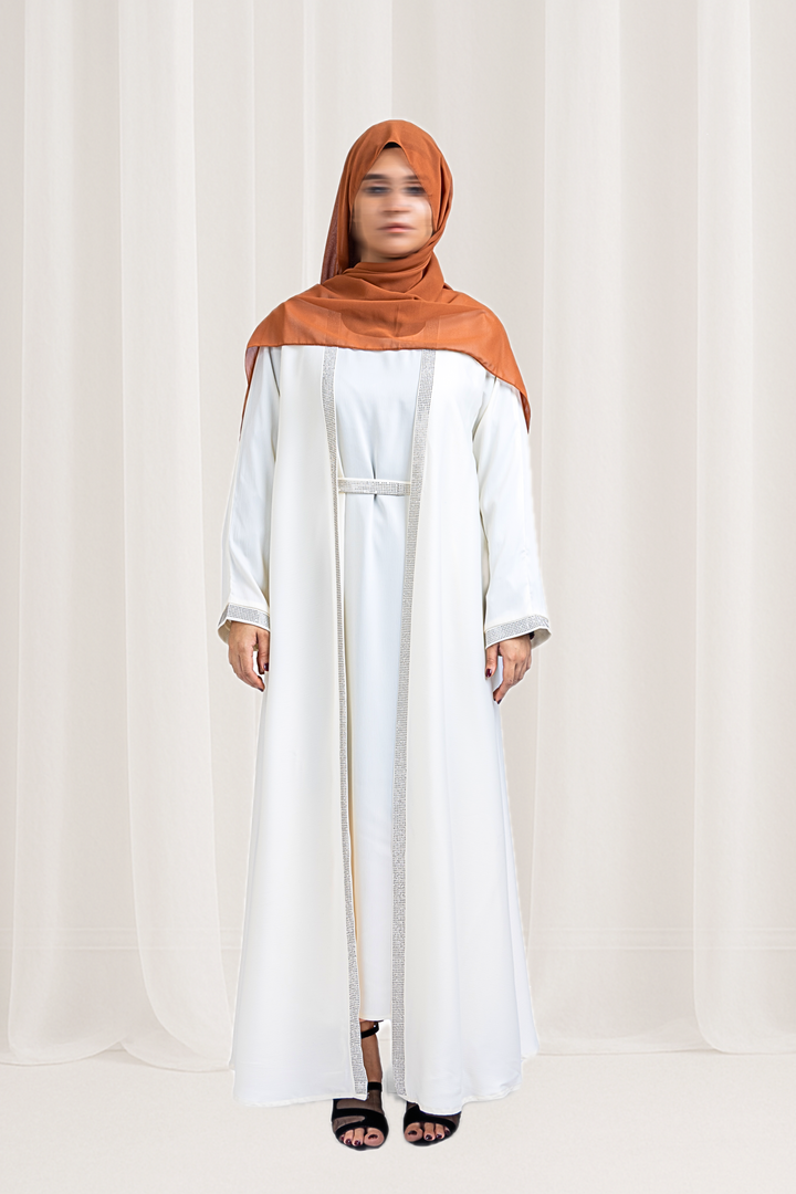 Elegant White Crystal Embellished Abaya with Belt