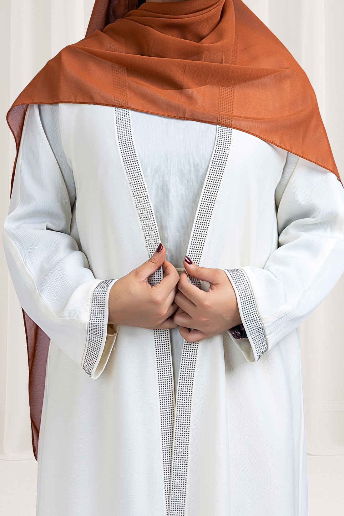 Elegant White Crystal Embellished Abaya with Belt