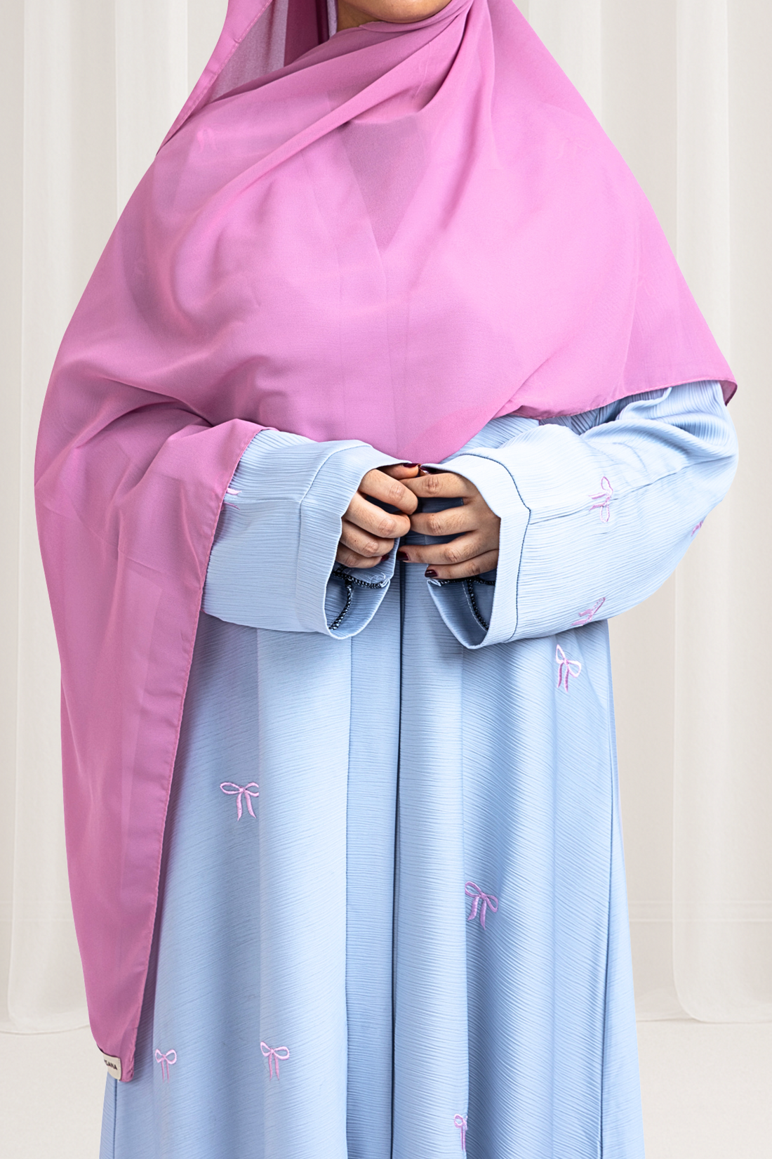 Pastel Blue Pink Bow Embroidered Abaya