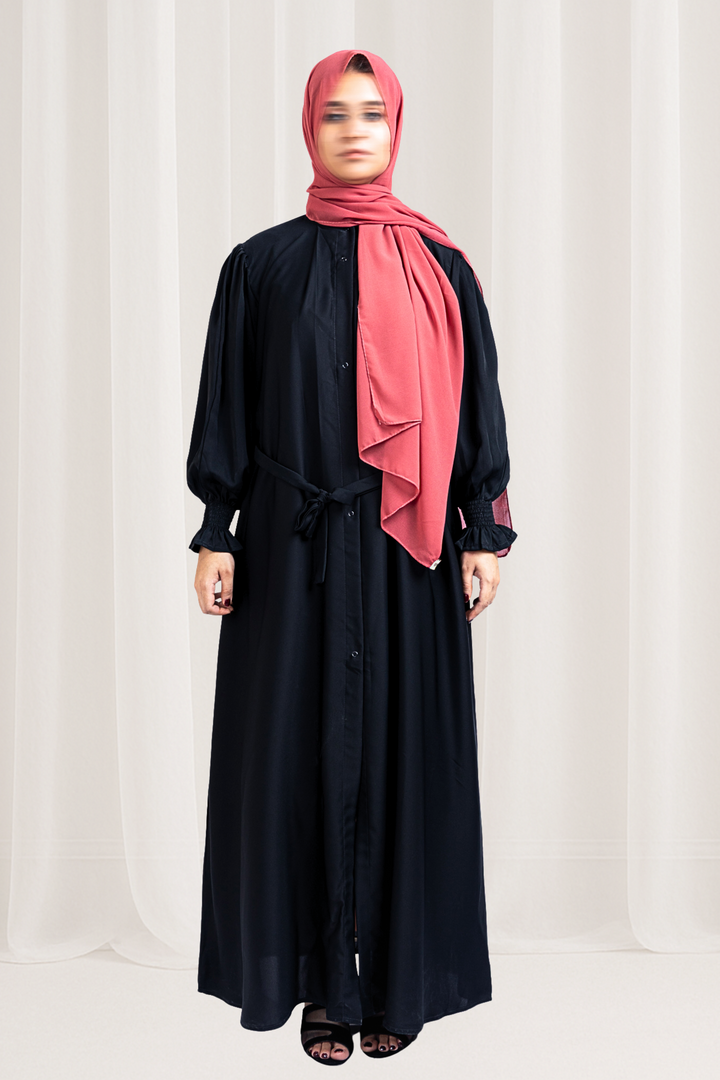 Black Puff Sleeve Abaya with Waist Tie