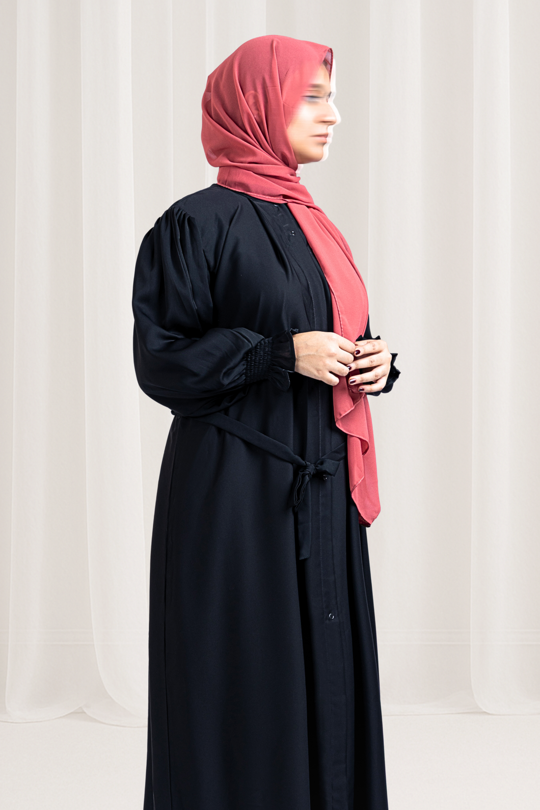Black Puff Sleeve Abaya with Waist Tie