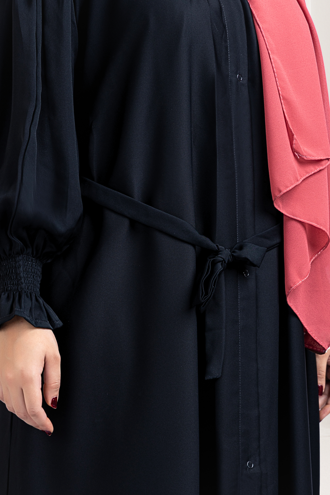 Black Puff Sleeve Abaya with Waist Tie
