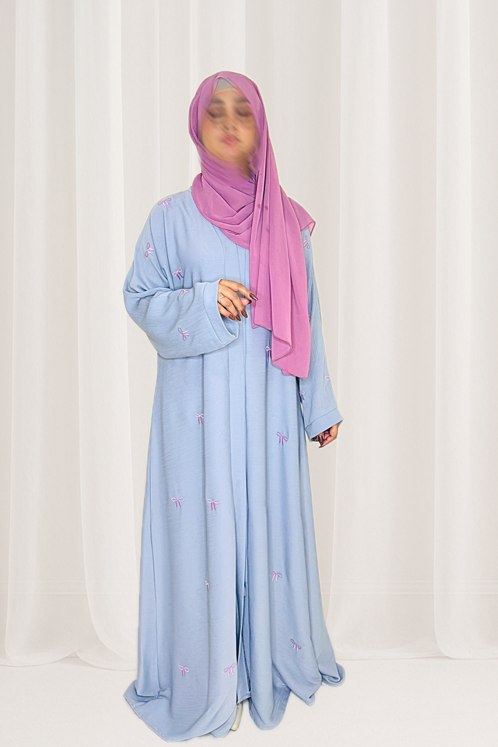 Pastel Blue Pink Bow Embroidered Abaya