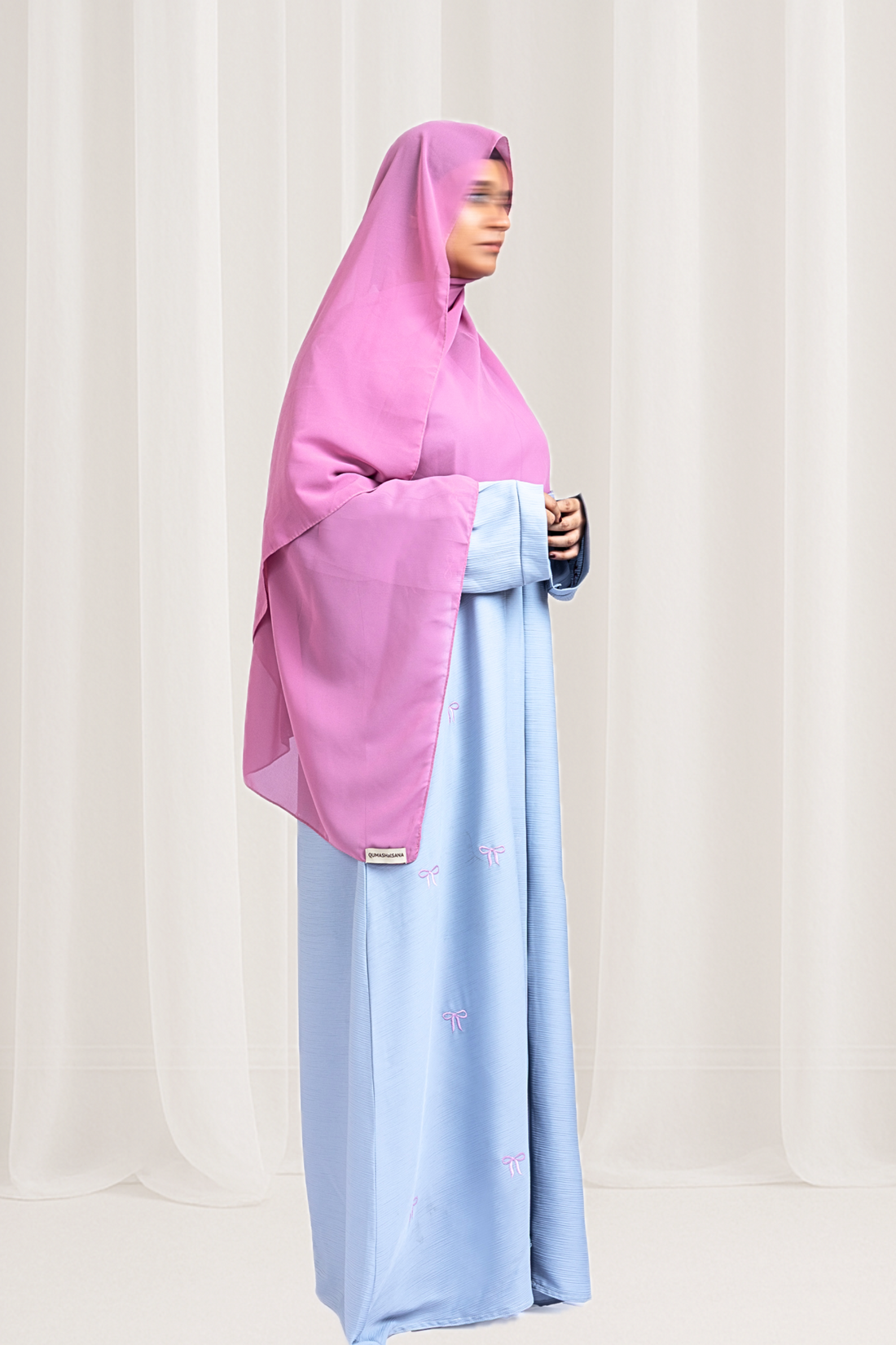 Pastel Blue Pink Bow Embroidered Abaya