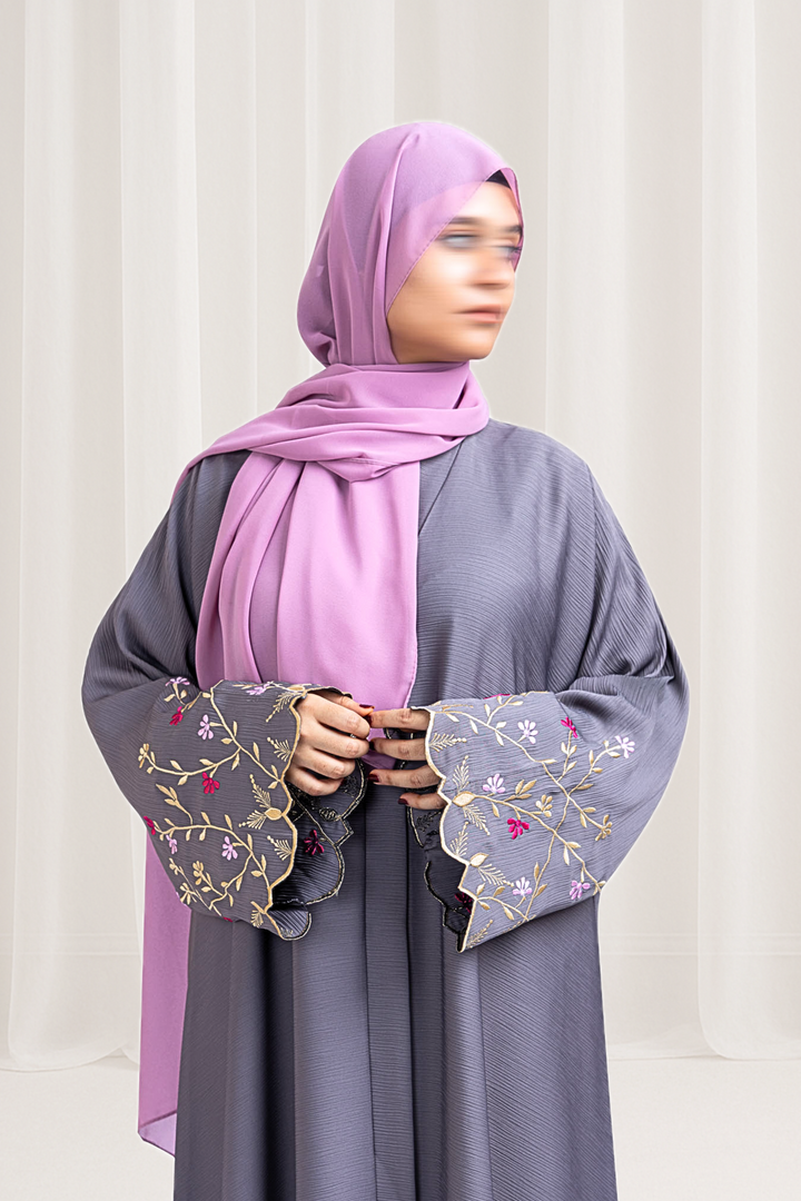 Lavender Grey Embroidered Abaya