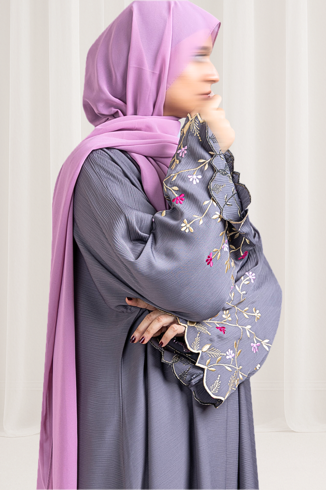 Lavender Grey Embroidered Abaya